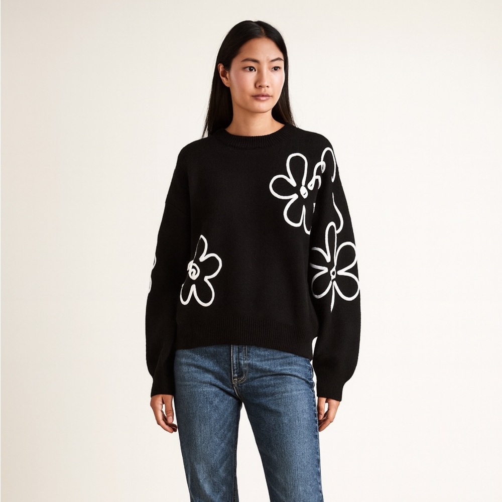 Dreamers Black Sweater with White Floral Accents